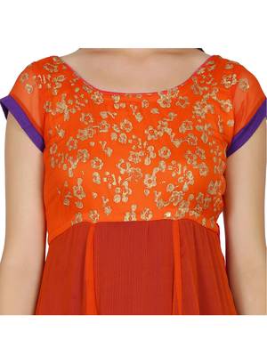 ira-soleil Orange and purple Long Anarkali with gold print made in Polyester Lycra and Georgette Fabric 5