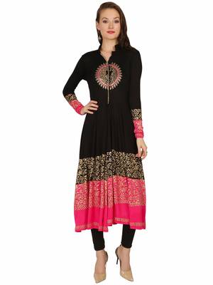 ira-soleil Black Long Anarkali with Gold block print made with stretched Viscose Fabric 1