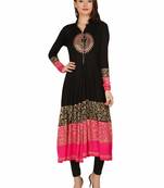 ira-soleil Black Long Anarkali with Gold block print made with stretched Viscose Fabric