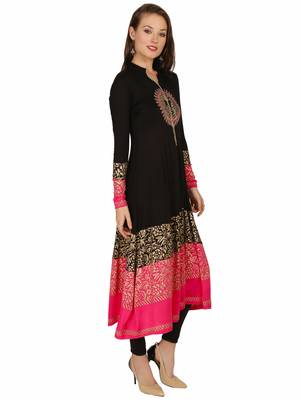 ira-soleil Black Long Anarkali with Gold block print made with stretched Viscose Fabric 2