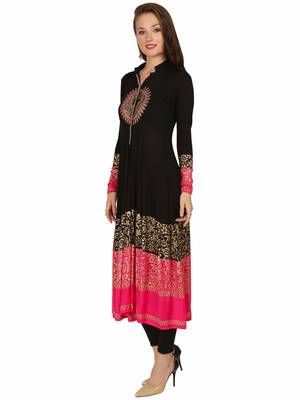 ira-soleil Black Long Anarkali with Gold block print made with stretched Viscose Fabric 3