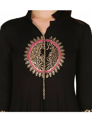 ira-soleil Black Long Anarkali with Gold block print made with stretched Viscose Fabric 4