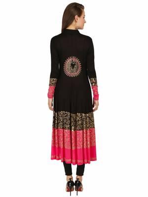 ira-soleil Black Long Anarkali with Gold block print made with stretched Viscose Fabric 5