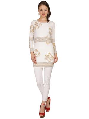 ira-soleil White Kurti with Gold print made in Polyster Lycra Fabric 1