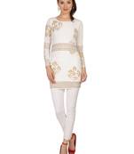 ira-soleil White Kurti with Gold print made in Polyster Lycra Fabric