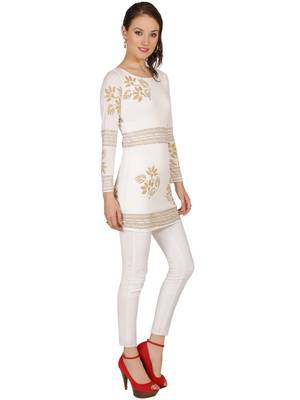 ira-soleil White Kurti with Gold print made in Polyster Lycra Fabric 2