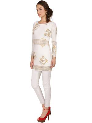 ira-soleil White Kurti with Gold print made in Polyster Lycra Fabric 3