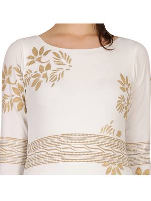 ira-soleil White Kurti with Gold print made in Polyster Lycra Fabric 4