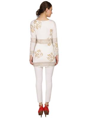 ira-soleil White Kurti with Gold print made in Polyster Lycra Fabric 5