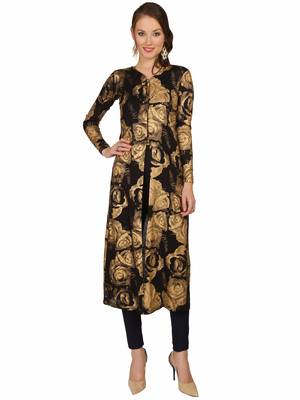 ira-soleil Black all over folrasl printed Long jacket Kurti made in Viscose Fabric 1