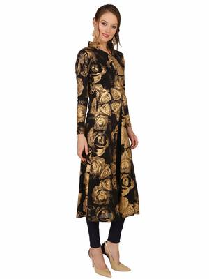 ira-soleil Black all over folrasl printed Long jacket Kurti made in Viscose Fabric 2