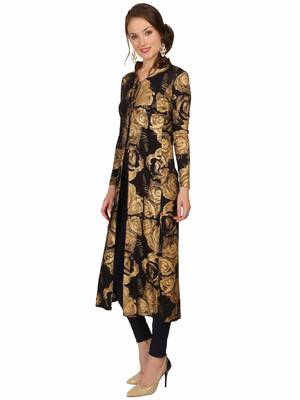 ira-soleil Black all over folrasl printed Long jacket Kurti made in Viscose Fabric 3