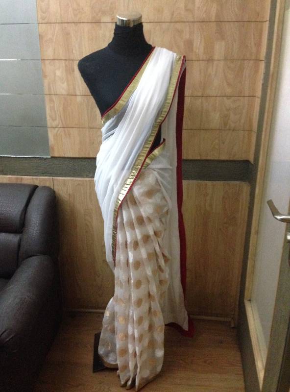 White and Red Brocade Saree