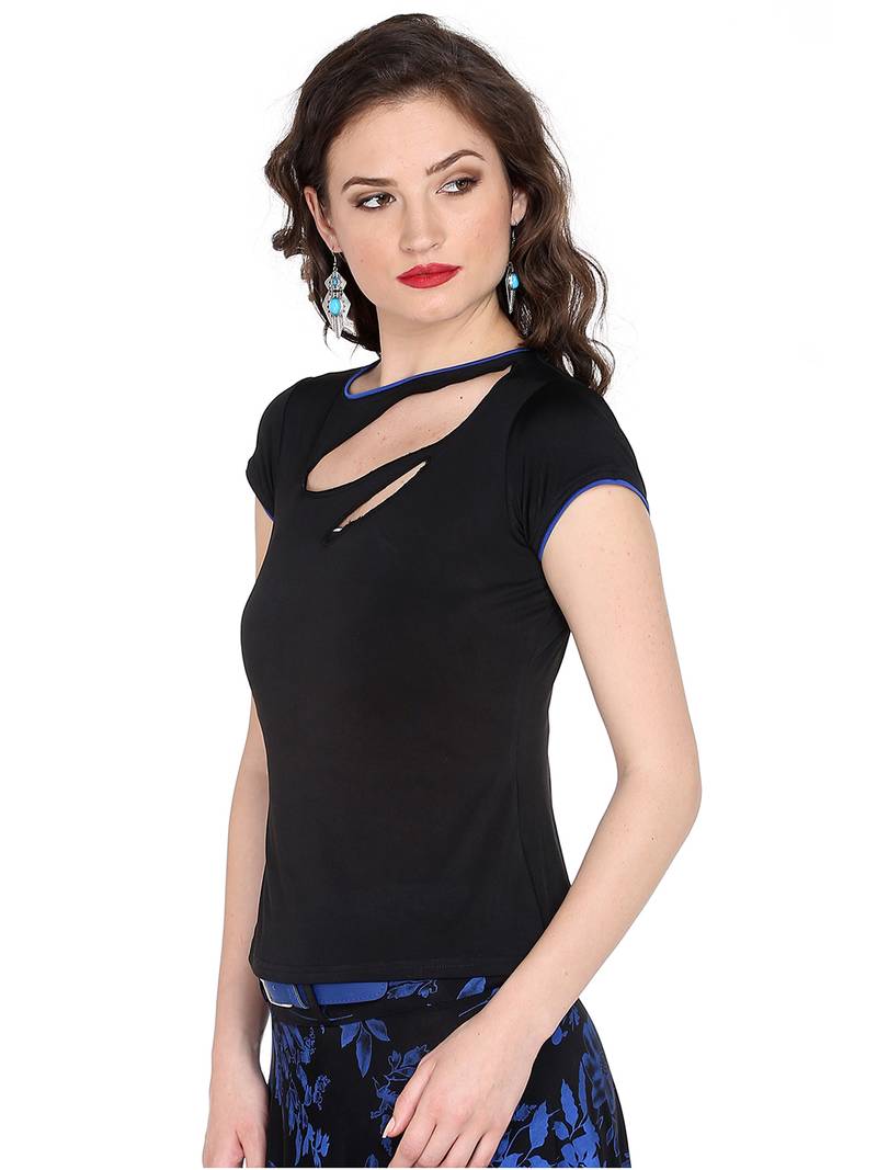 Ira soleil black top made with stretched polyester fabric top