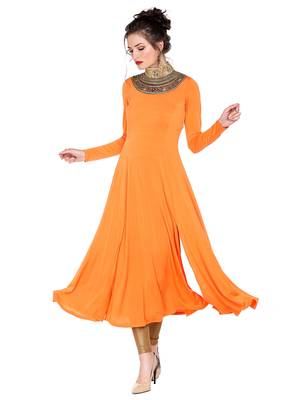 Ira soleil Orange made of polyester lycra with neck embroidered neckline long anarkali kurta 1