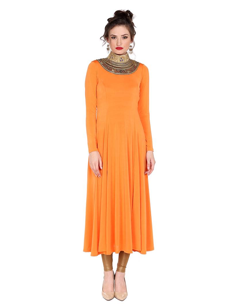 Ira soleil Orange made of polyester lycra with neck embroidered neckline long anarkali kurta