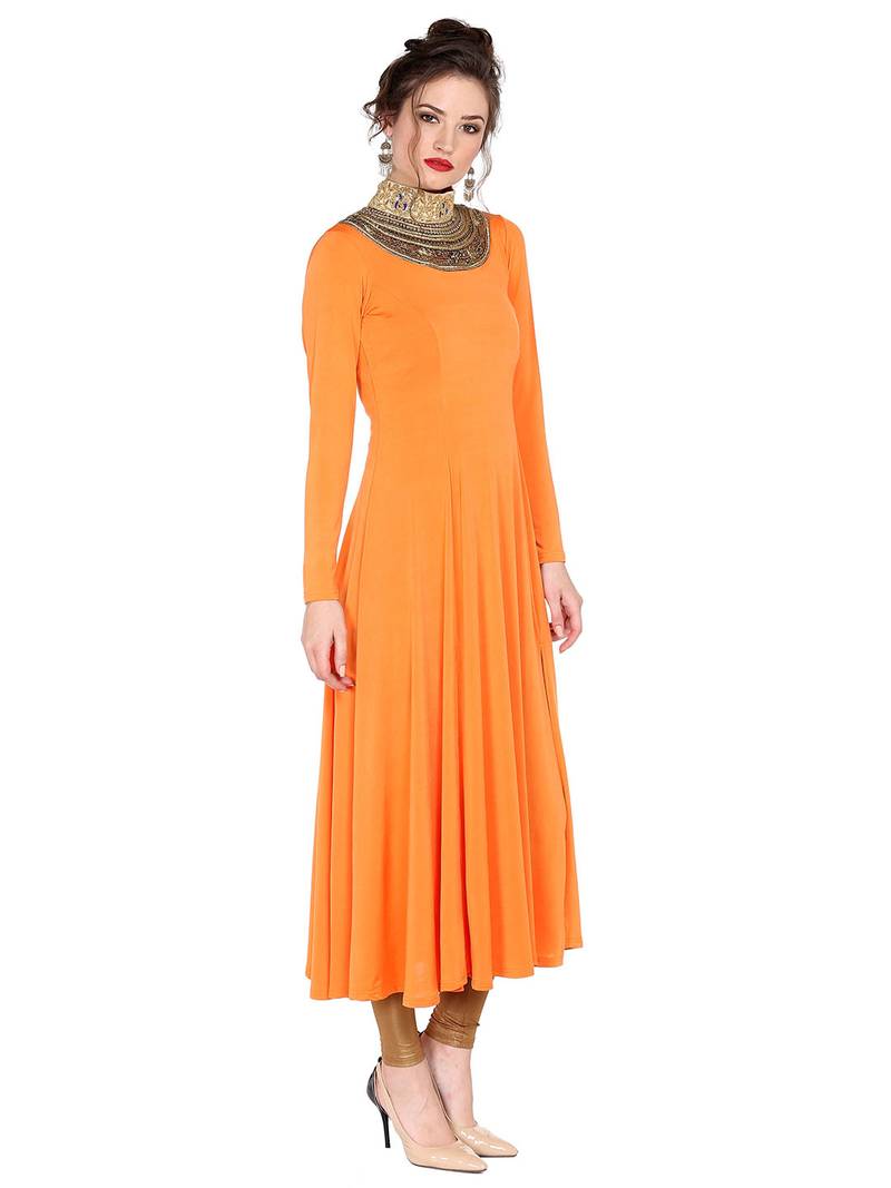 Ira soleil Orange made of polyester lycra with neck embroidered neckline long anarkali kurta