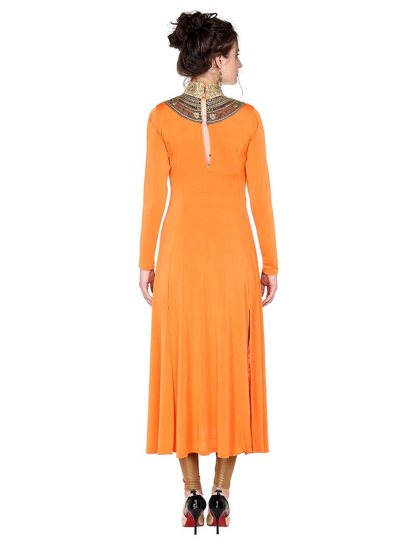 Ira soleil Orange made of polyester lycra with neck embroidered neckline long anarkali kurta