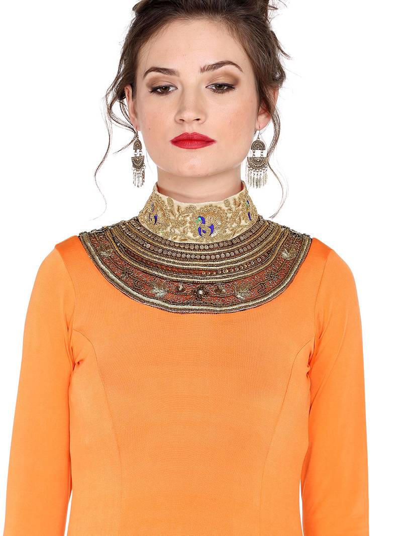 Ira soleil Orange made of polyester lycra with neck embroidered neckline long anarkali kurta