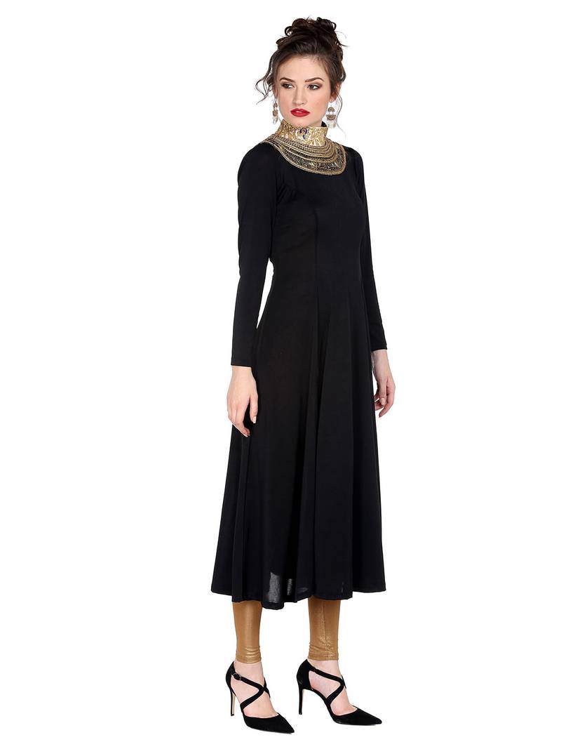 Ira soleil Black made of polyester lycra with neck embroidered neckline long anarkali kurta