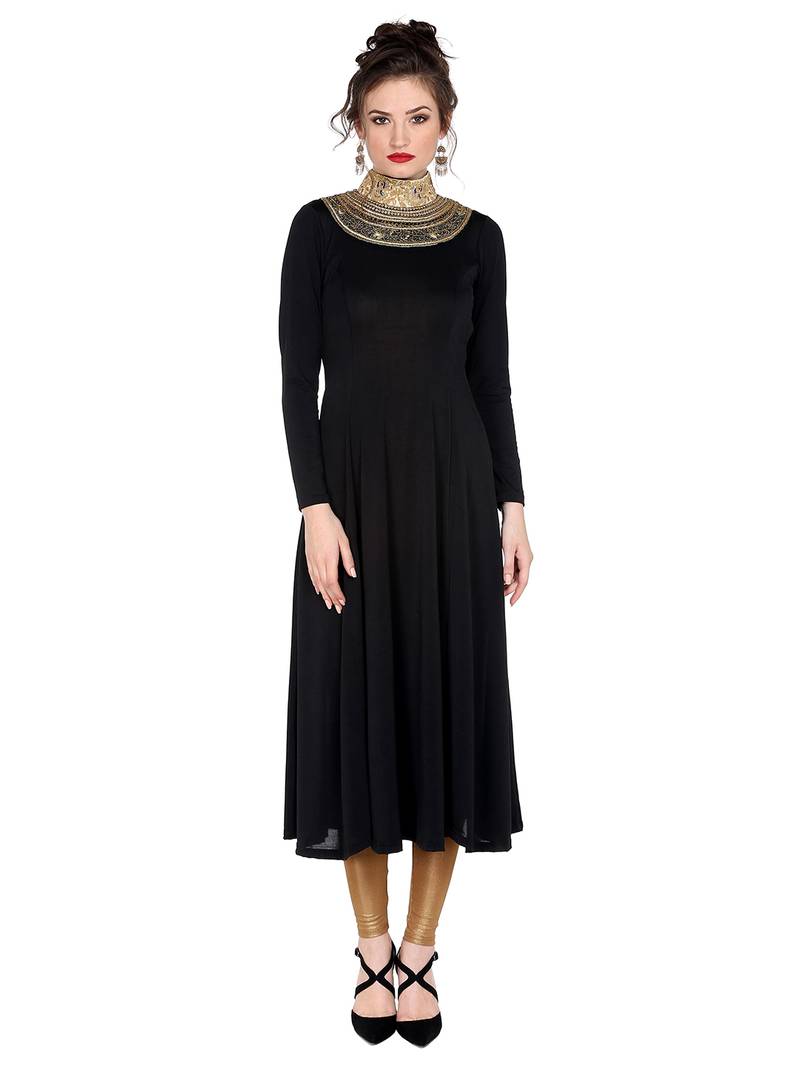 Ira soleil Black made of polyester lycra with neck embroidered neckline long anarkali kurta