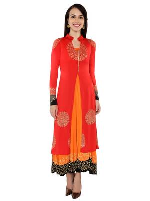 Ira soleil 2 pc set of Orange polyester lycra anarkali inner with Black Kurta 1