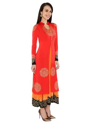 Ira soleil 2 pc set of Orange polyester lycra anarkali inner with Black Kurta 2