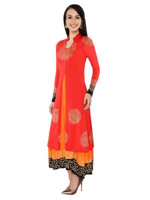 Ira soleil 2 pc set of Orange polyester lycra anarkali inner with Black Kurta 3