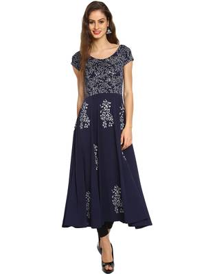 Ira soleil Navy Blue polyester lycra block printed long anarkali kurta 1