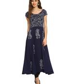 Ira soleil Navy Blue polyester lycra block printed long anarkali kurta