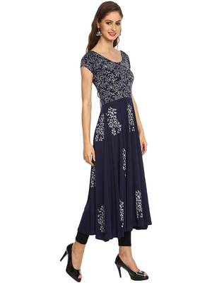 Ira soleil Navy Blue polyester lycra block printed long anarkali kurta 3