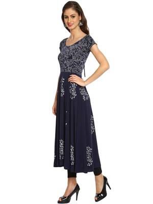 Ira soleil Navy Blue polyester lycra block printed long anarkali kurta 4