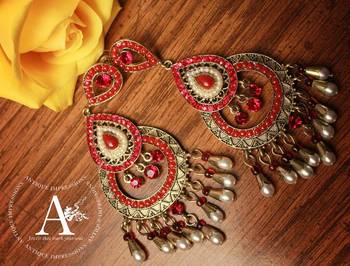 Chandelier Earrings With Beads Red Diamonds Pearls Indian Chandelier Earrings With Beads Red Diamonds Pearls Indian Mystique