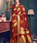 Dark brown woven silk saree with blouse