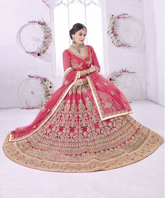 Pink Embroidered Net Unstitched Lehenga With Dupatta 1