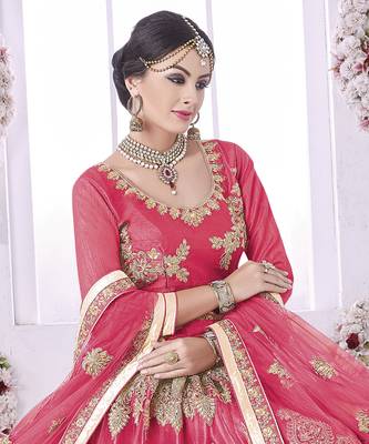 Pink Embroidered Net Unstitched Lehenga With Dupatta 2
