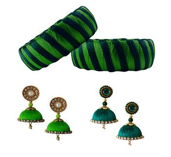 Handcrafted  Green and Dark Green Silk Thread bangles with Earrings 005 1