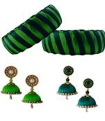 Handcrafted  Green and Dark Green Silk Thread bangles with Earrings 005