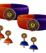 Handcrafted  Blue and Orange Silk Thread bangles with Earrings