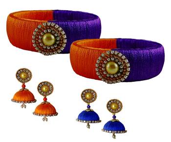 Handcrafted  Blue and Orange Silk Thread bangles with Earrings 2