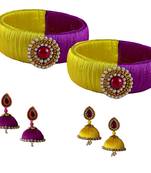 Handcrafted  Yellow and Magenta  Silk Thread bangles with Earrings