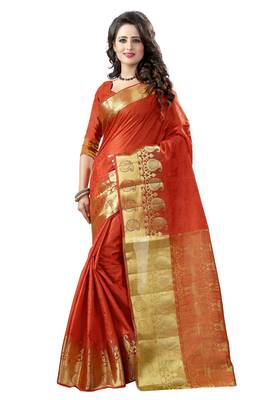 Orange woven banarasi silk saree with blouse 1