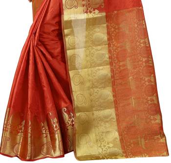 Orange woven banarasi silk saree with blouse 4