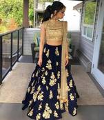 Blue embroidered silk unstitched lenga with dupatta