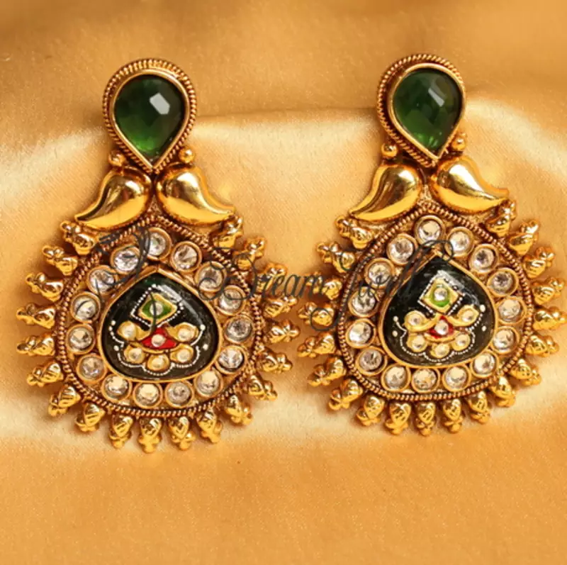 AWESOME ANTIQUE MEENAKARI GREEN DESIGNER EARRINGS -DJ17078