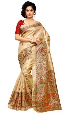 Beige printed khadi saree with blouse 1