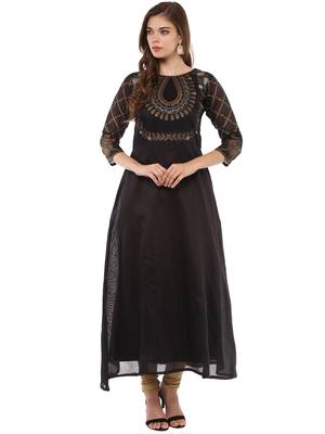Black stitched Poly Chanderi stitched kurti 1