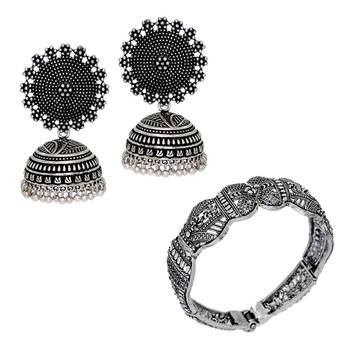 Silver Plated Oxidized Jhumki Earrings And Oxidized Bracelet | Rajasthani Brass Combo Gift For Girls, Ladies, Women 1