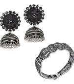 Silver Plated Oxidized Jhumki Earrings And Oxidized Bracelet | Rajasthani Brass Combo Gift For Girls, Ladies, Women