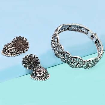 Silver Plated Oxidized Jhumki Earrings And Oxidized Bracelet | Rajasthani Brass Combo Gift For Girls, Ladies, Women 2